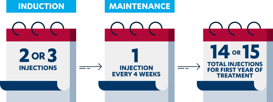 2 or 3 injections at induction, 1 injection every 4 weeks as maintenance, 14 or 15 total injections for first year of treatment